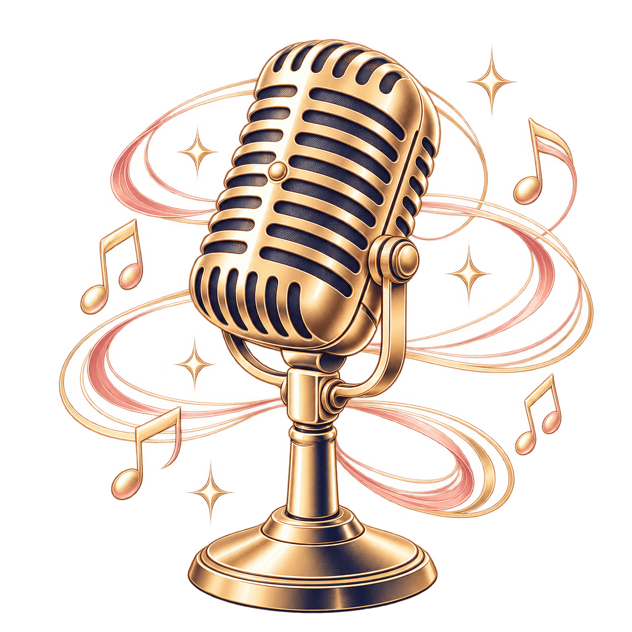 Vintage studio microphone surrounded by sound waves and music notes